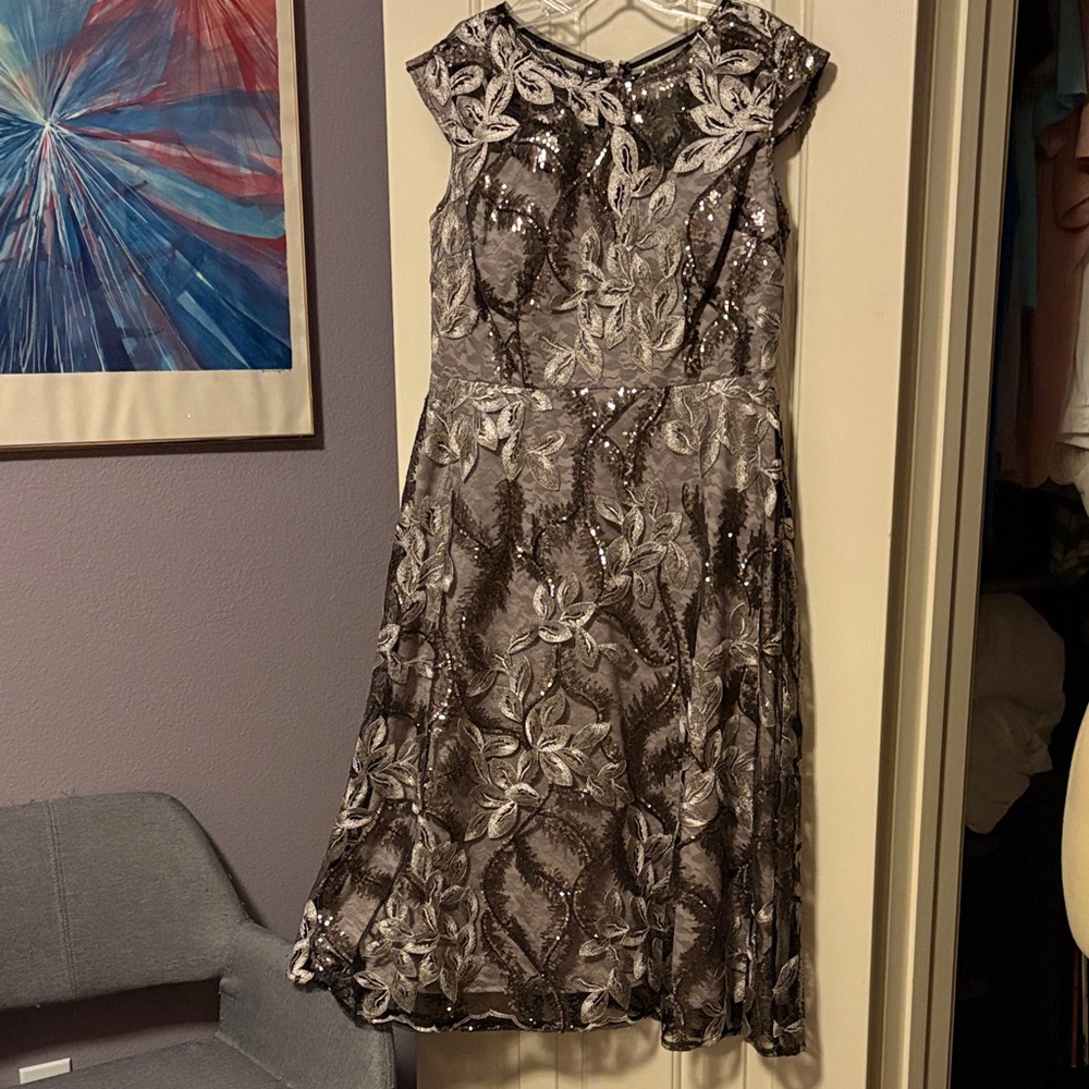 R&M Richards Sequin & Lace Taupe Midi Dress